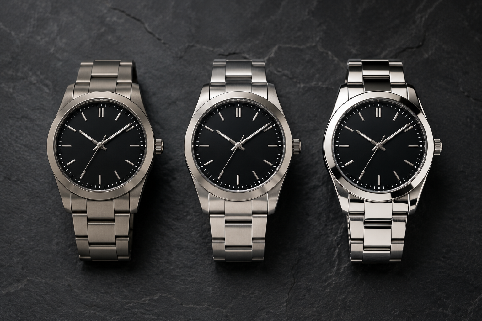 Three stainless steel wristwatches placed side by side on a dark slate surface, each showing different levels of finish quality from matte to brushed to polished.