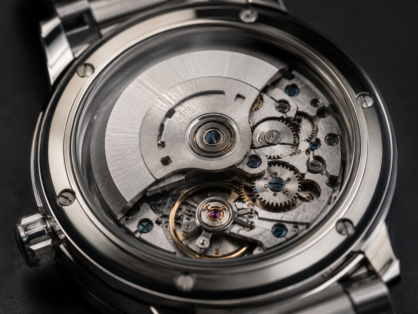 Macro close-up of a transparent watch case back showing an automatic mechanical movement with visible rotor, gears, and internal components.