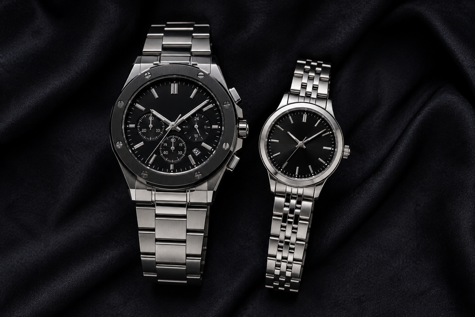 Two stainless steel wristwatches placed side by side on a dark fabric surface, featuring a larger sporty design and a smaller elegant design for style comparison.
