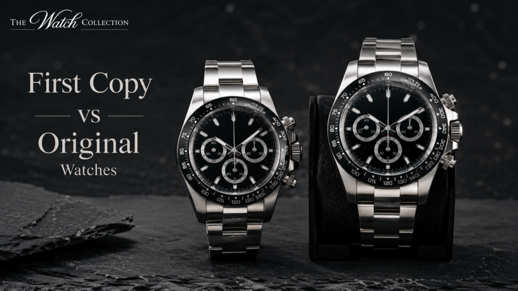Comparison image of first copy vs original luxury wristwatches with silver case, black dial, metal bracelet, and The Watch Collection logo on a premium dark background.