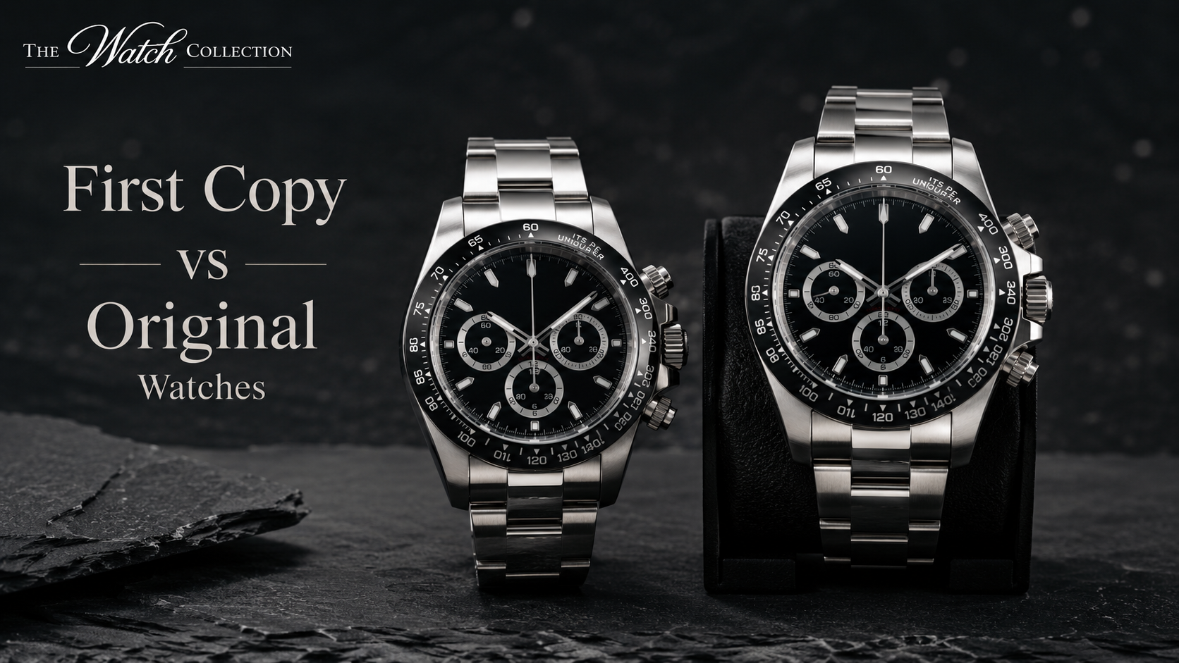 Comparison image of first copy vs original luxury wristwatches with silver case, black dial, metal bracelet, and The Watch Collection logo on a premium dark background.