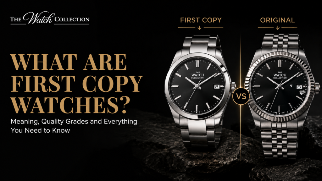 Luxury comparison banner showing two premium stainless steel wristwatches side by side labeled “First Copy” and “Original” on a dark black background, with The Watch Collection logo and the title “What Are First Copy Watches? Meaning, Quality Grades and Everything You Need to Know.”