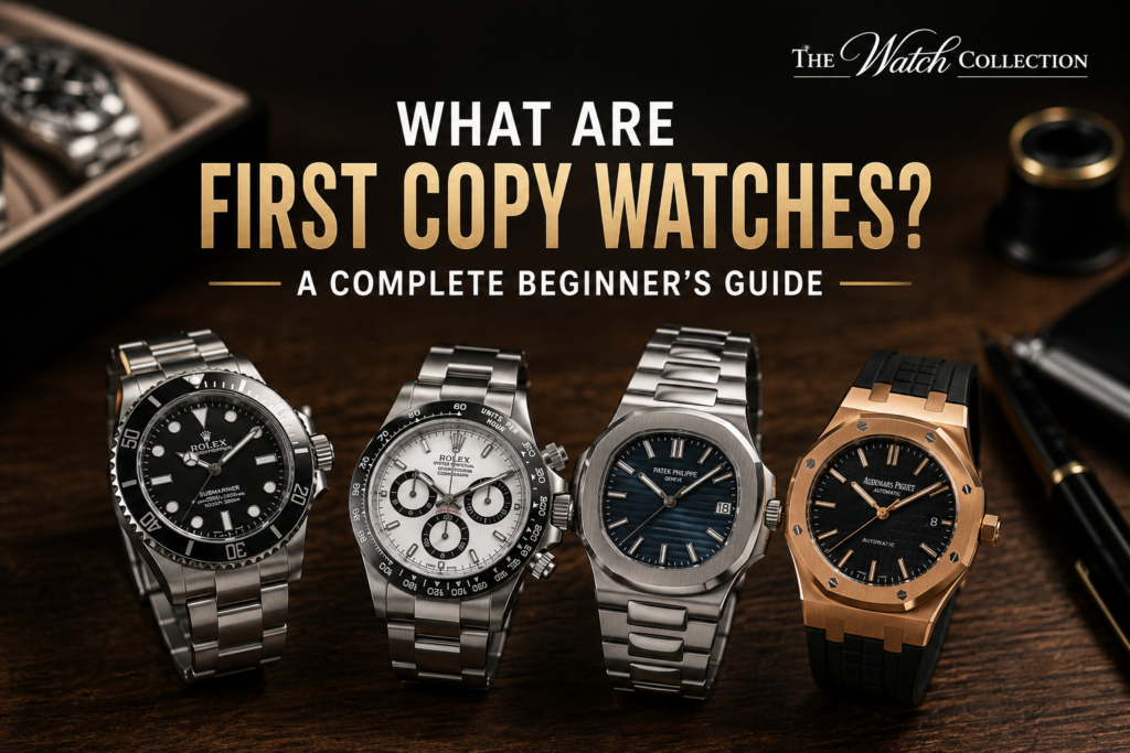 Feature image for the blog "What Are First Copy Watches? A Complete Beginner's Guide" showing premium luxury-style watches with The Watch Collection official logo.