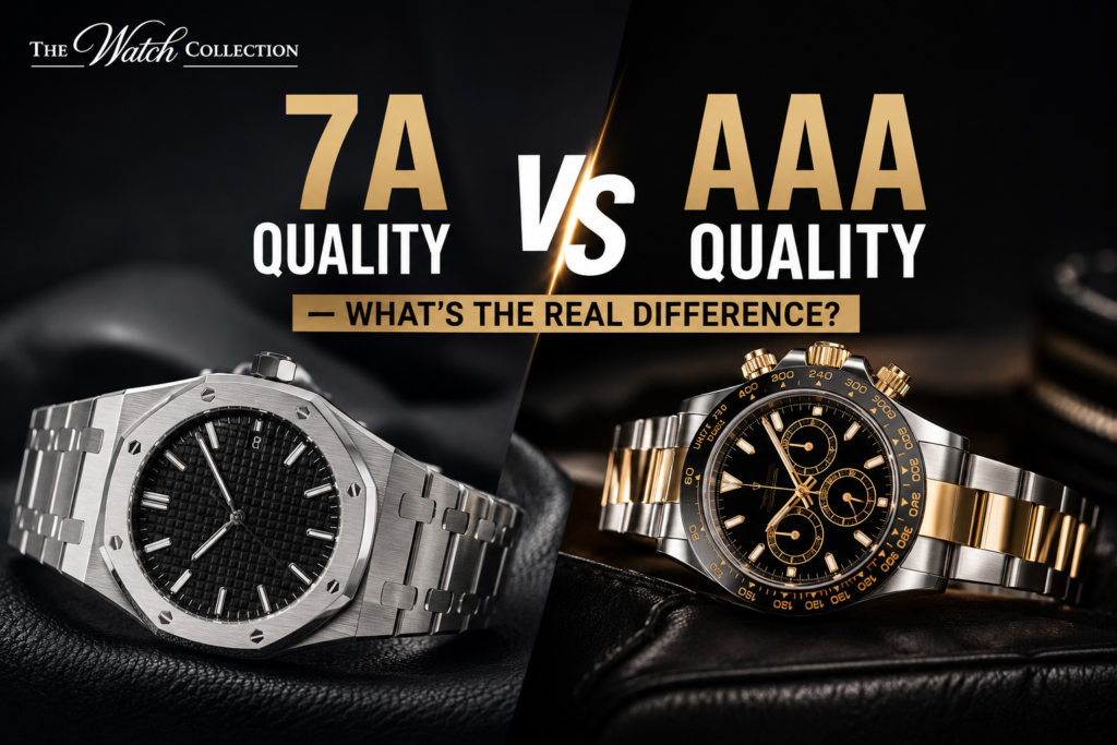 Comparison image of 7A Quality and AAA Quality luxury-inspired watches highlighting differences in design, finishing, and overall craftsmanship.