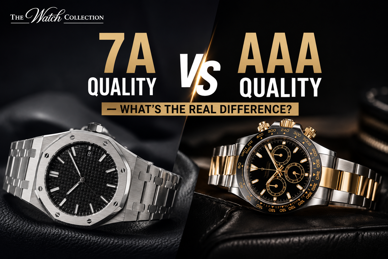Comparison image of 7A Quality and AAA Quality luxury-inspired watches highlighting differences in design, finishing, and overall craftsmanship.