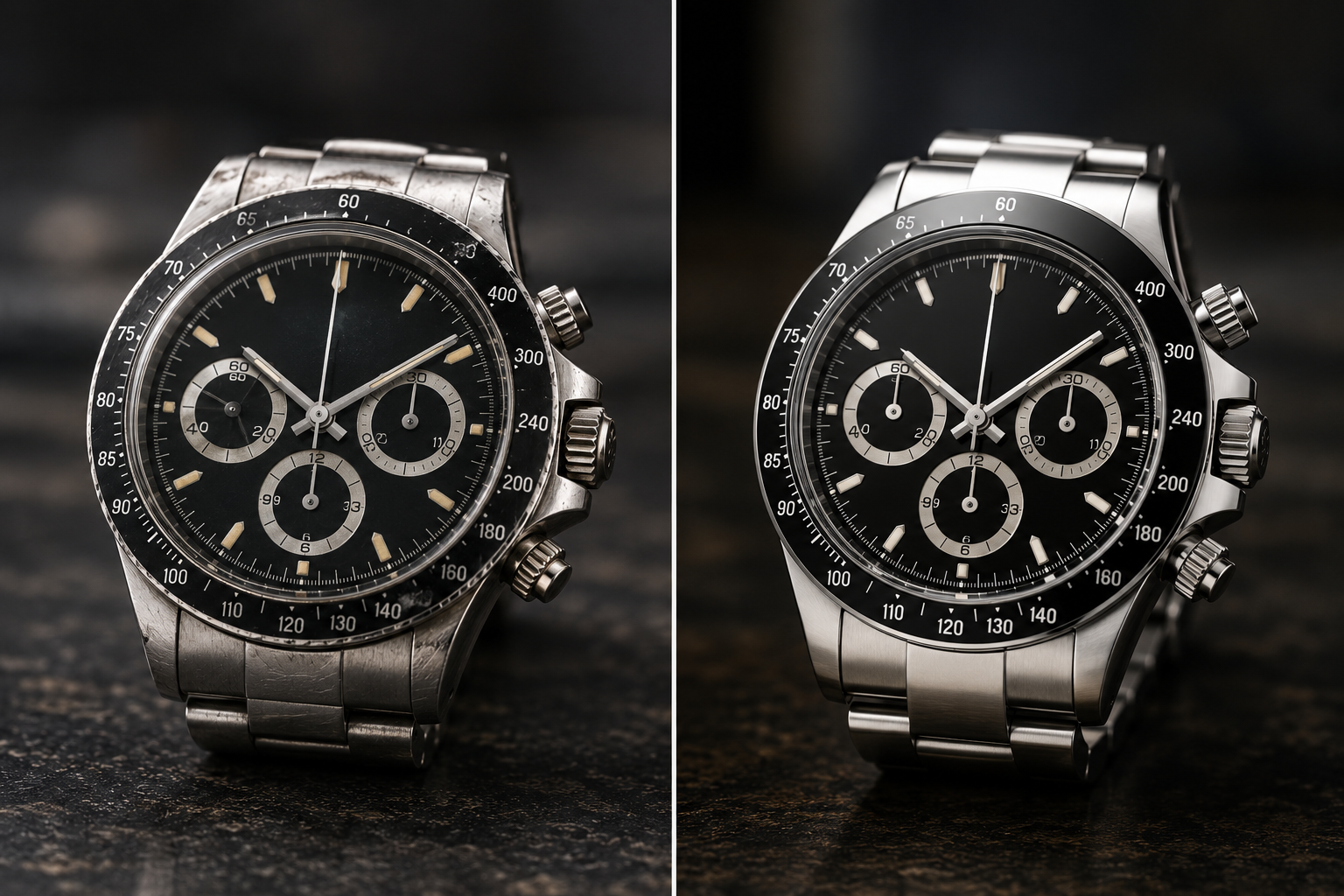 Side-by-side comparison of two luxury-inspired watches highlighting differences in finish, polishing, dial clarity, and overall build quality.