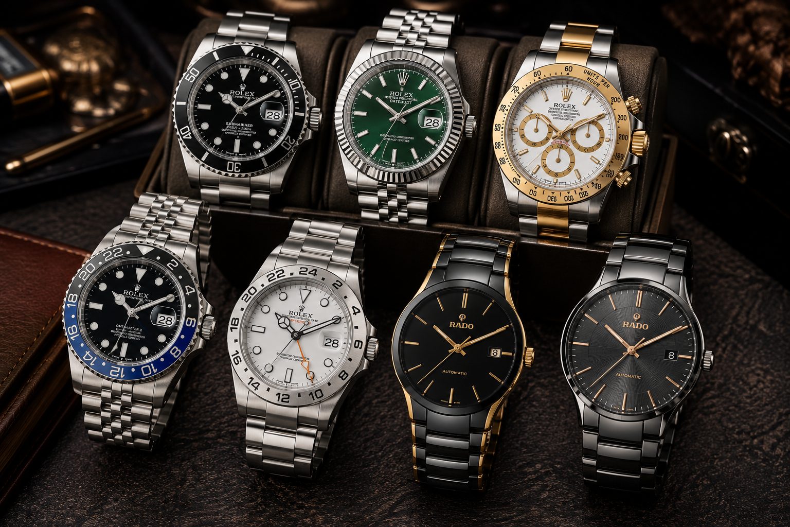 Premium collection of Rolex-inspired and Rado-inspired luxury watches displayed together in an elegant showcase.