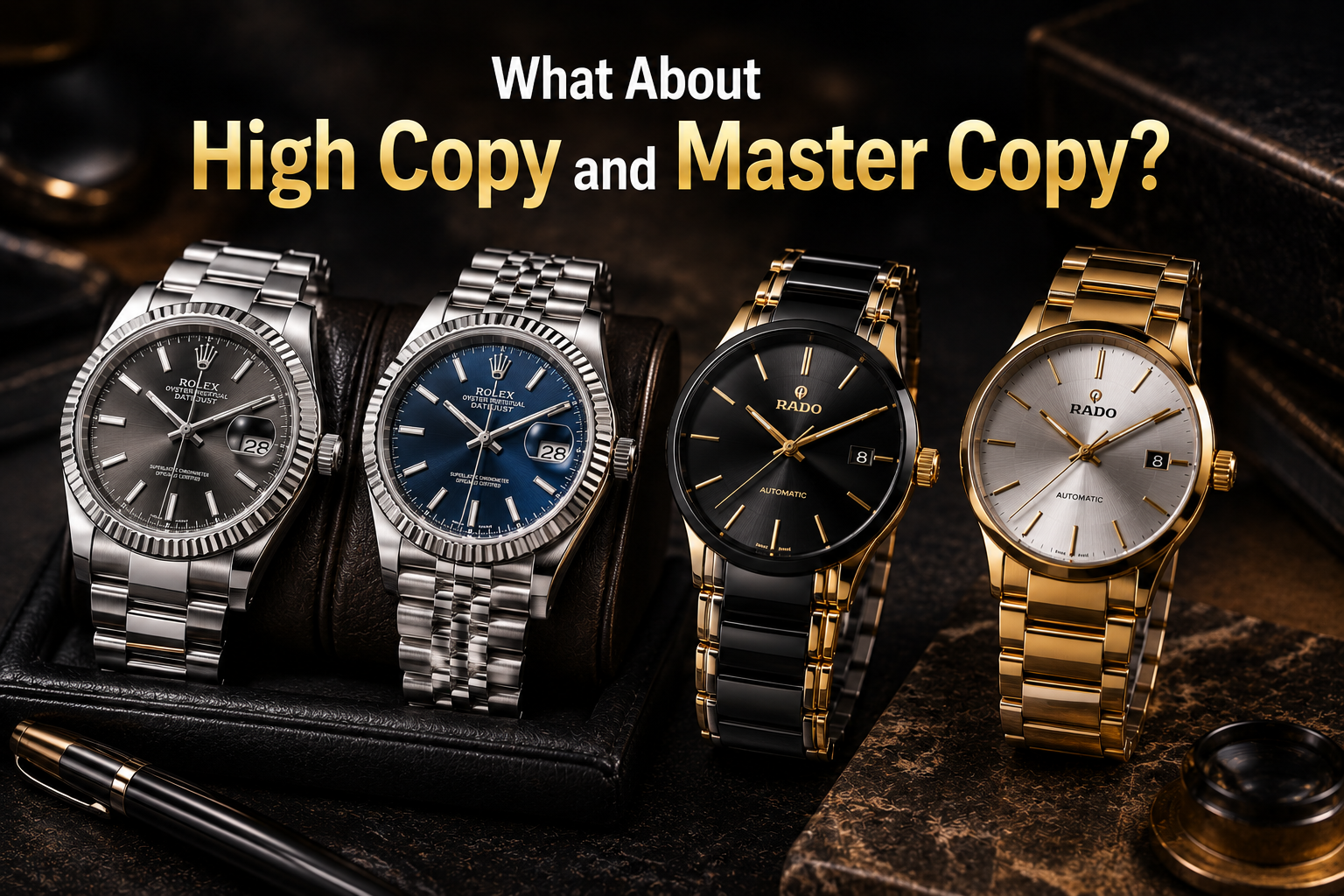 Feature image showing luxury-inspired Rolex and Rado style watches illustrating High Copy and Master Copy quality categories.