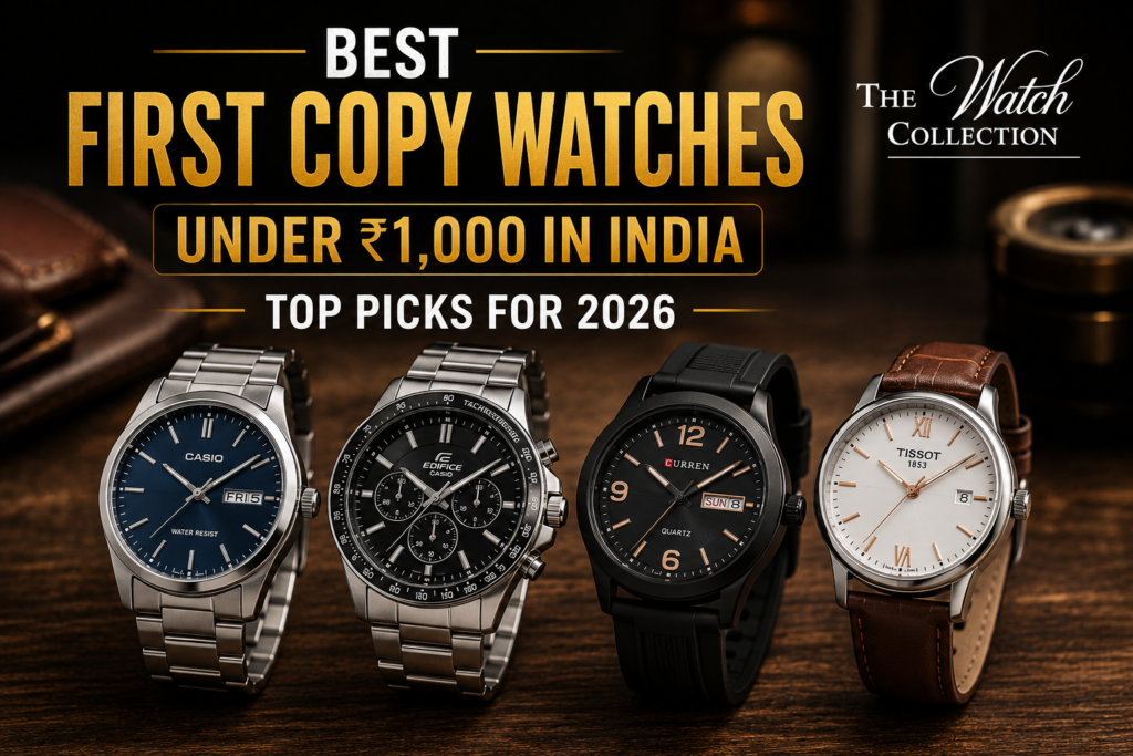 Feature image for the blog "Best First Copy Watches Under ₹1,000 in India – Top Picks for 2026" showcasing affordable luxury-inspired watches with The Watch Collection official logo.