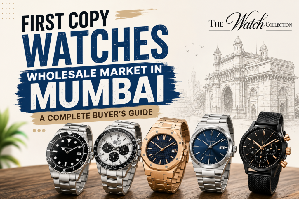 Feature image for the blog "First Copy Watches Wholesale Market in Mumbai – A Complete Buyer's Guide" showcasing premium luxury-inspired watches with The Watch Collection official logo.