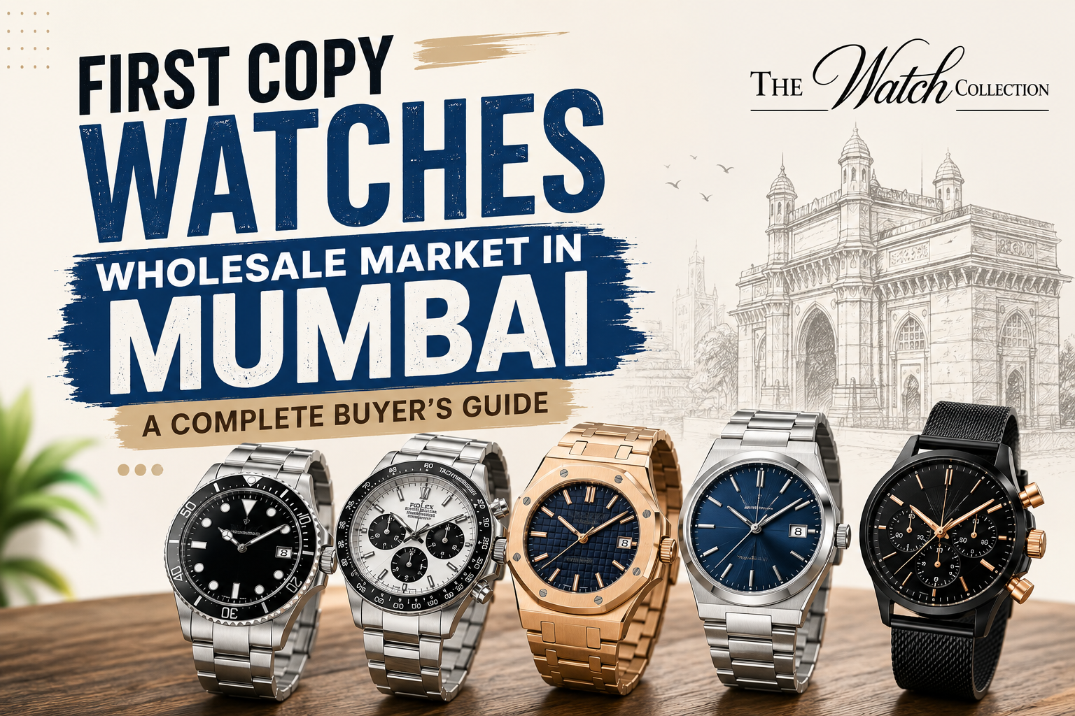 Feature image for the blog "First Copy Watches Wholesale Market in Mumbai – A Complete Buyer's Guide" showcasing premium luxury-inspired watches with The Watch Collection official logo.