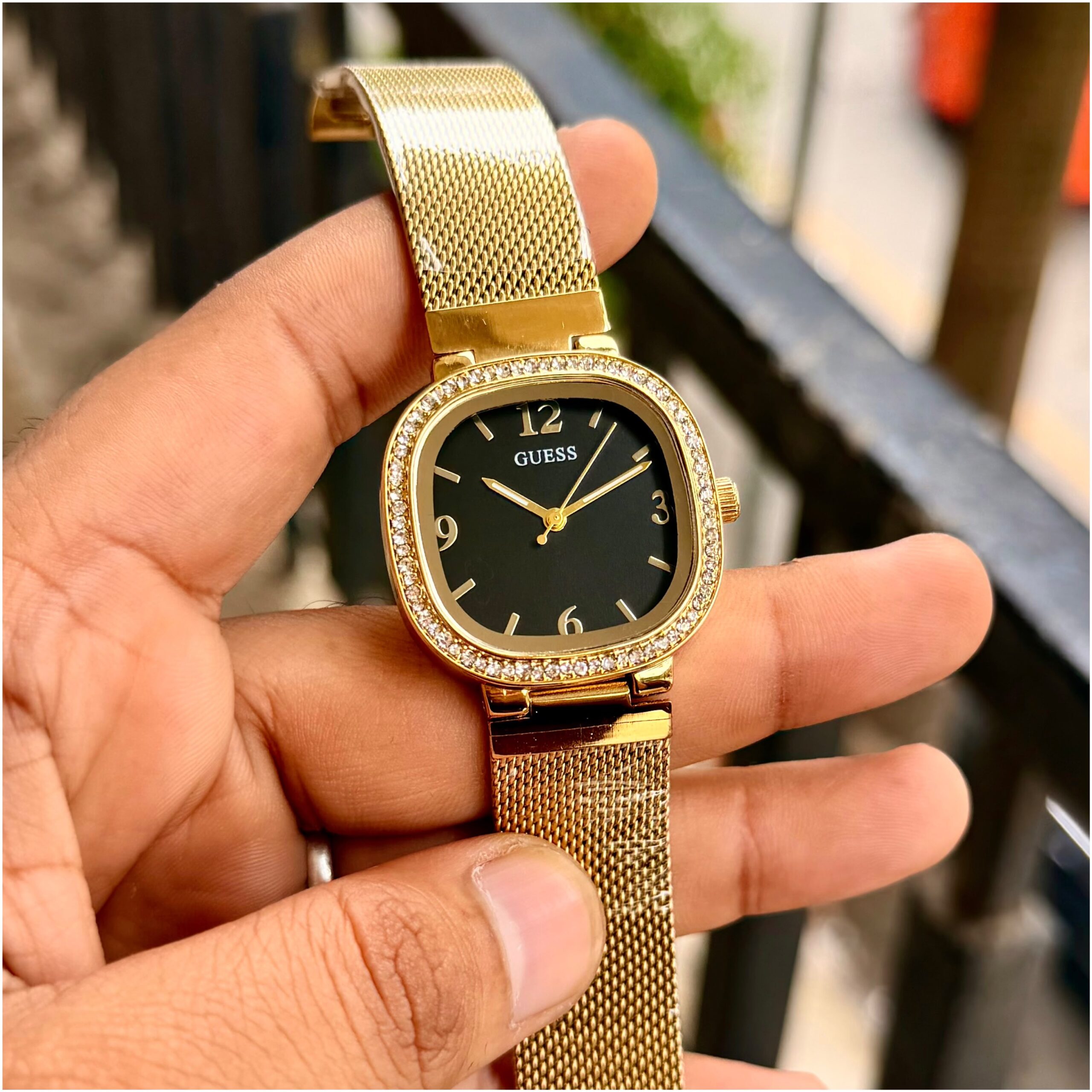 WhatsApp Image 2026-08-22 at 3.47.26 PM Guess Tapestry Golden Square Black Dial - Image 1