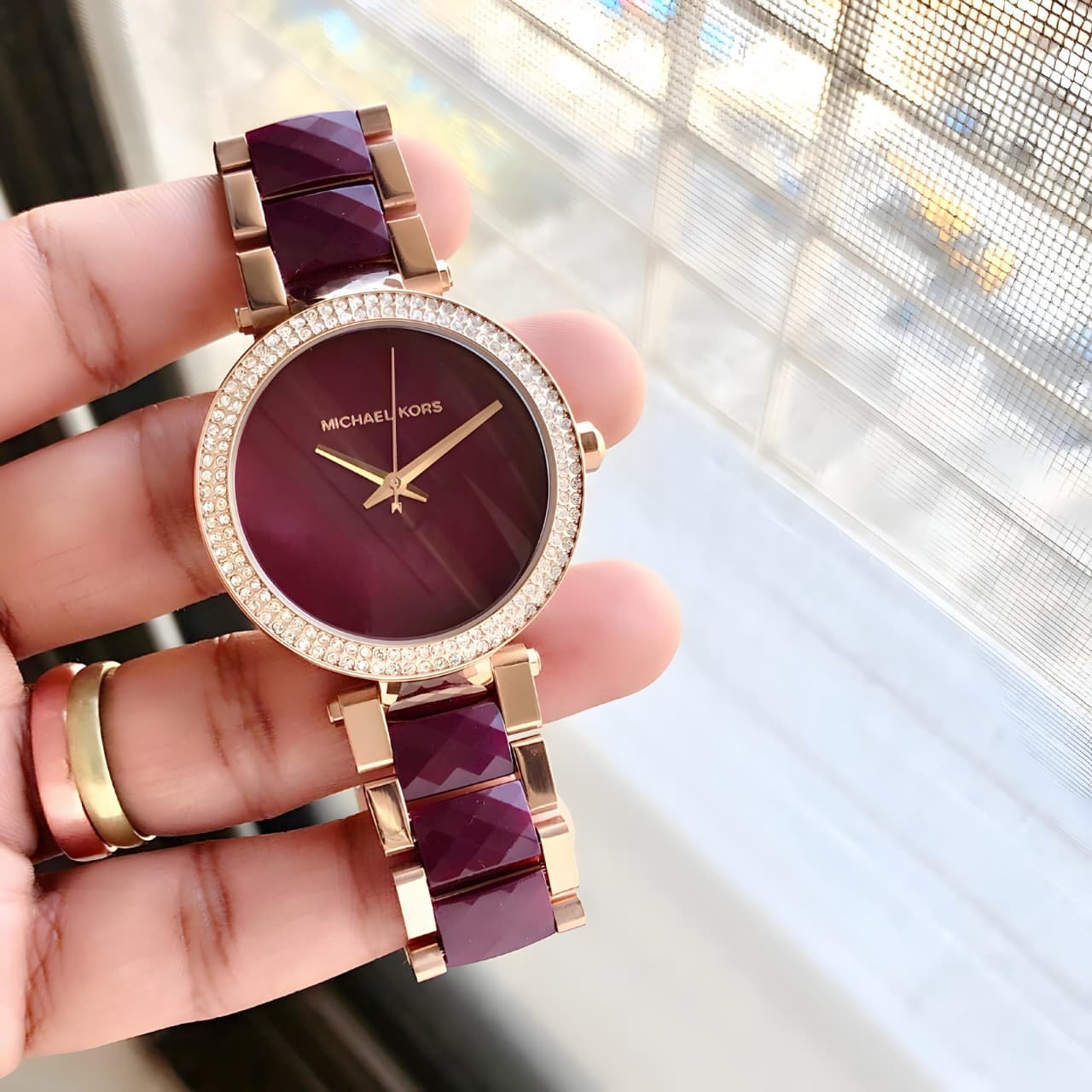 WhatsApp Image 2026-09-02 at 2.48.47 PM (1) Michael Kors Parker Plum Acetate Rose-Gold Quartz - Image 1