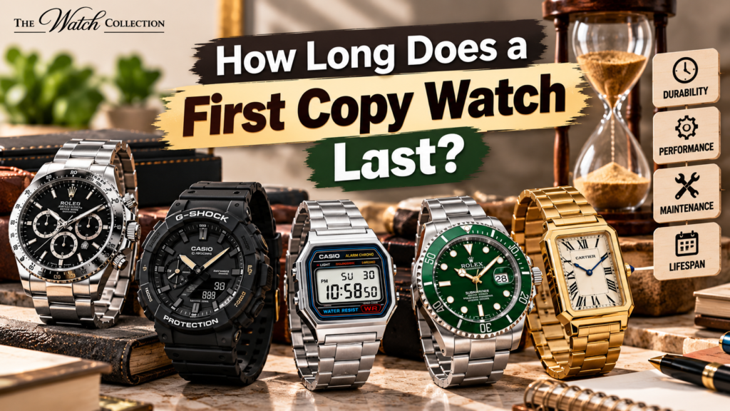 The Watch Collection feature image showing multiple stylish watches with the title “How Long Does a First Copy Watch Last?”