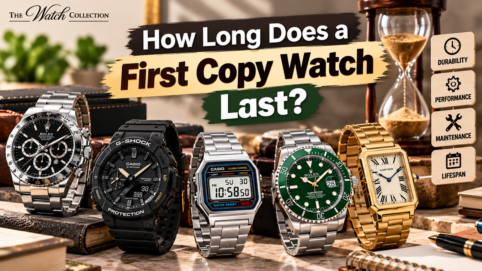 The Watch Collection feature image showing multiple stylish watches with the title “How Long Does a First Copy Watch Last?”