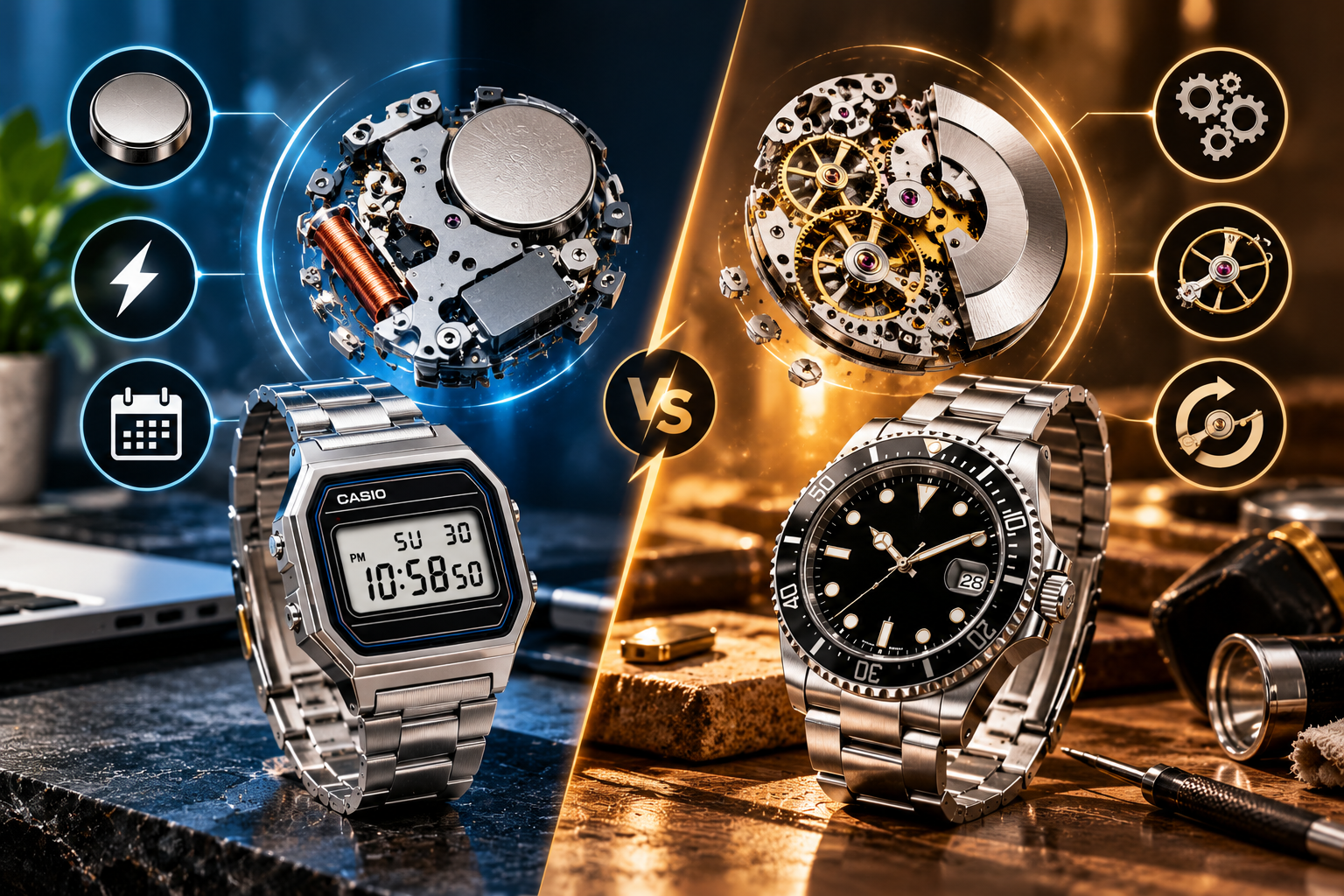 Quartz vs automatic watch movements featuring a Casio digital watch, quartz battery mechanism, automatic mechanical gears, and a stainless steel analog watch.