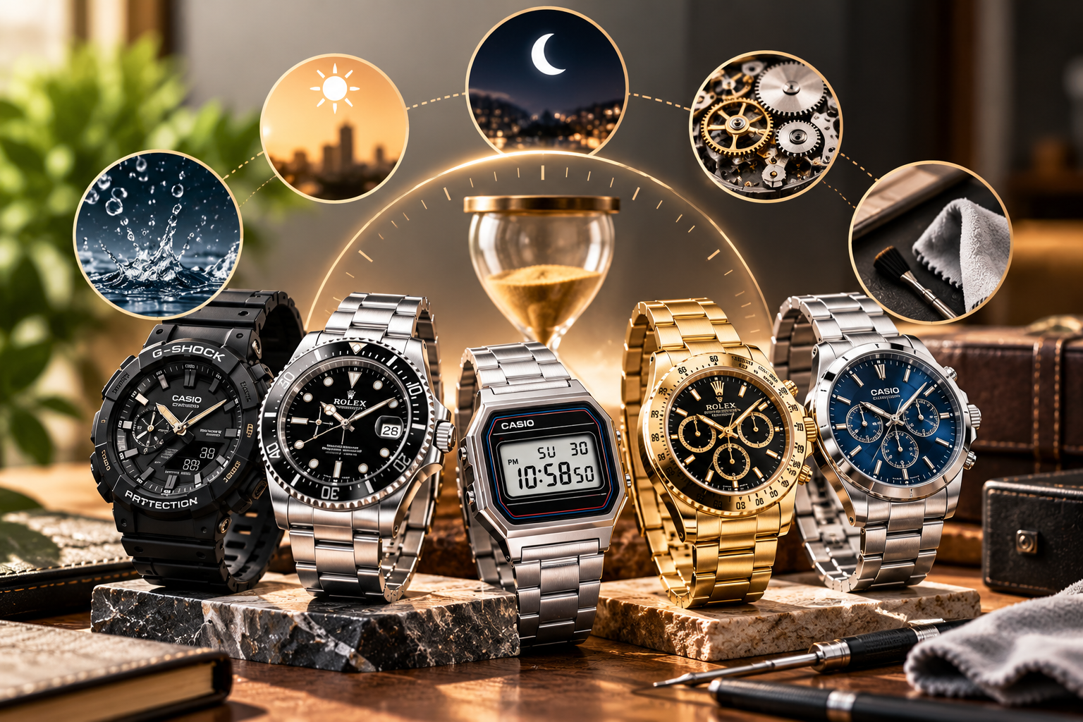 Standard grade first copy watches featuring analog, digital, and sports designs with visual elements representing durability, daily use, water exposure, and maintenance.