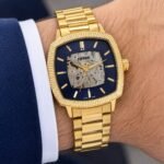 Fossil Blue Gold Tone Skeleton Automatic