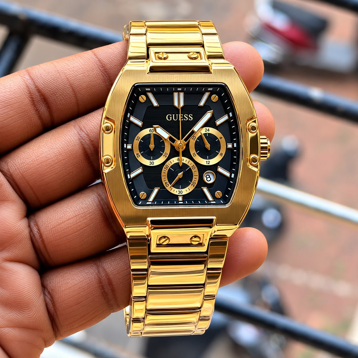 WhatsApp Image 2026-10-18 at 5.56.50 PM Guess Phoenix Gold Tone Rectangular Chronograph - Image 1